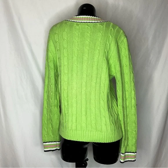 VINTAGE Preppy Lime Green Cable-Knit V-Neck Sweater with Striped Trim - Picture 8 of 11